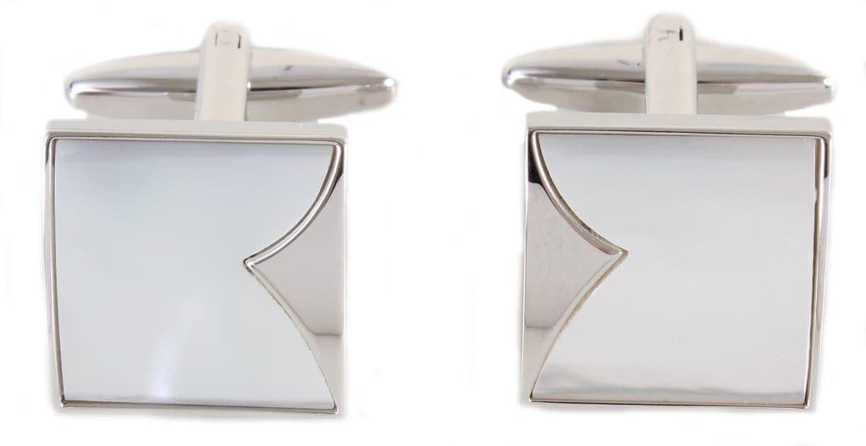Square shaped mother of pearl fish tail cufflinks silver plated