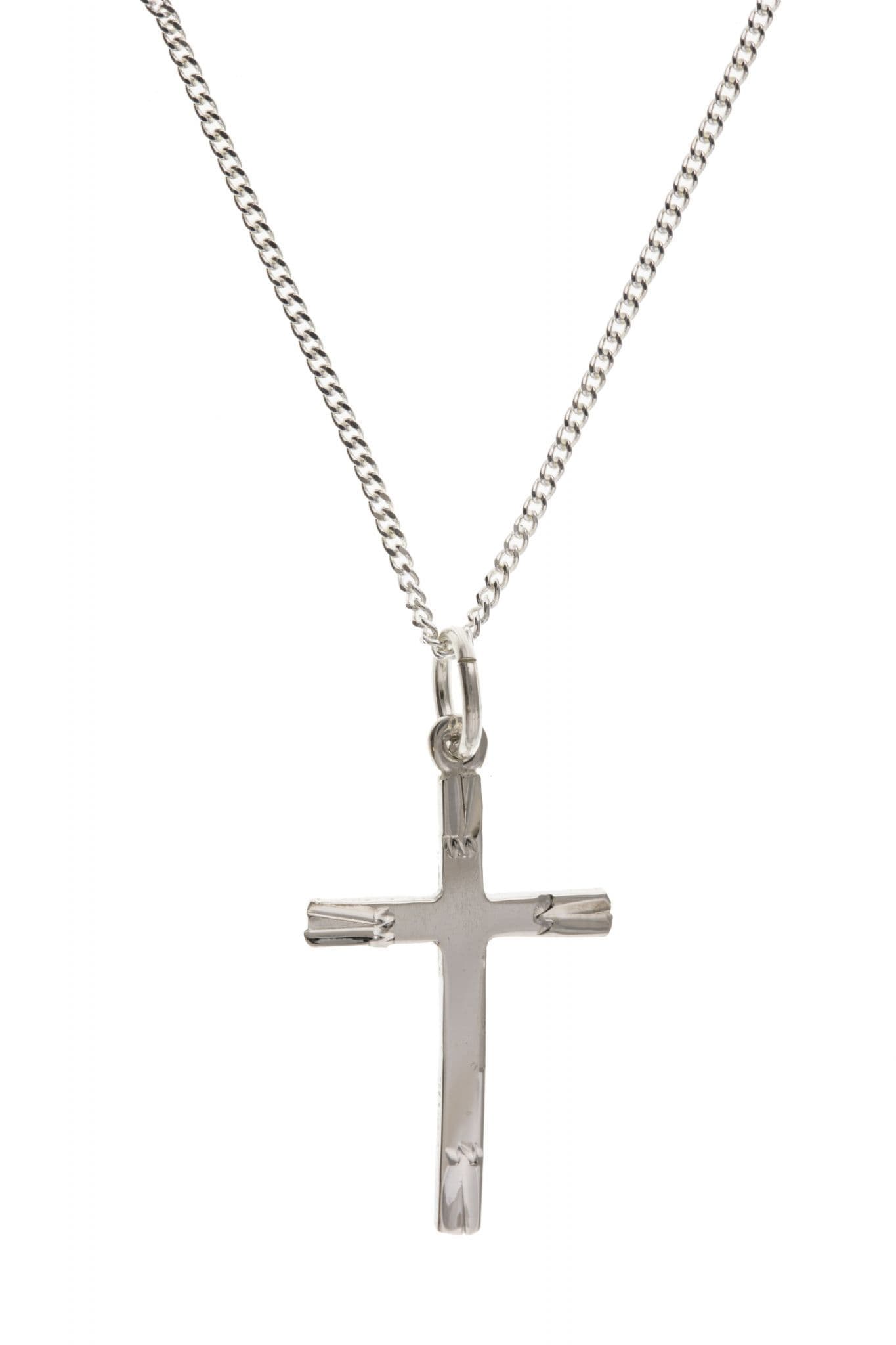 Sterling Silver Diamond Cut Cross Necklace  Chain Included  Height - 21mm  Width - 13mm  Gift Box Included  A beautiful solid sterling silver polished cross necklace, with a diamond cut zigzag design to the centre including an 18 inch sterling silver curb chain