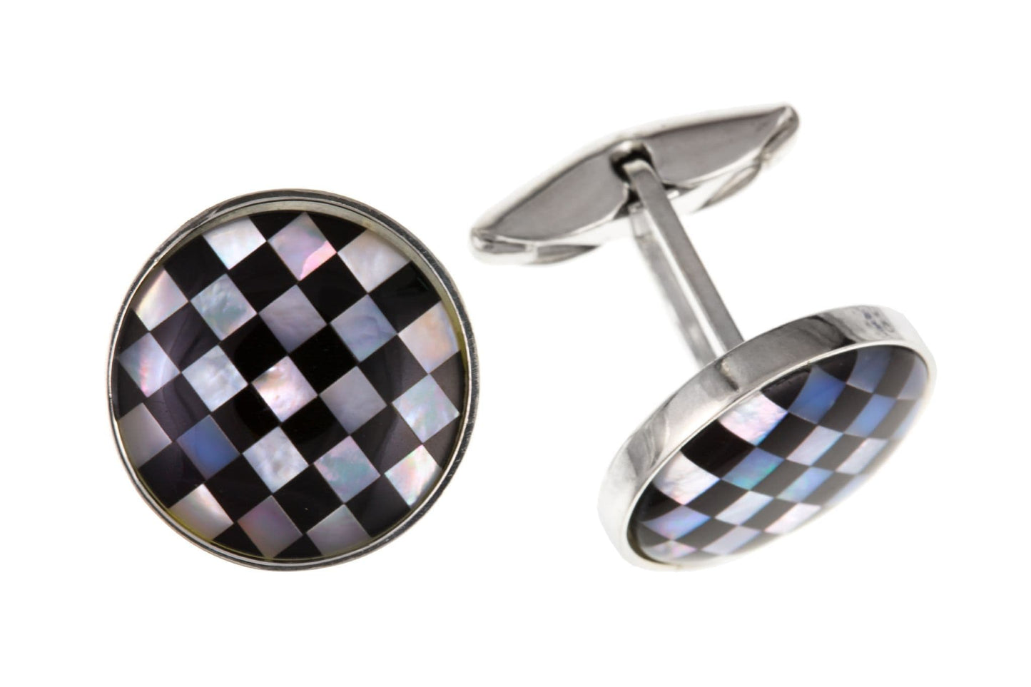 Sterling silver onyx and mother of pearl round cufflinks