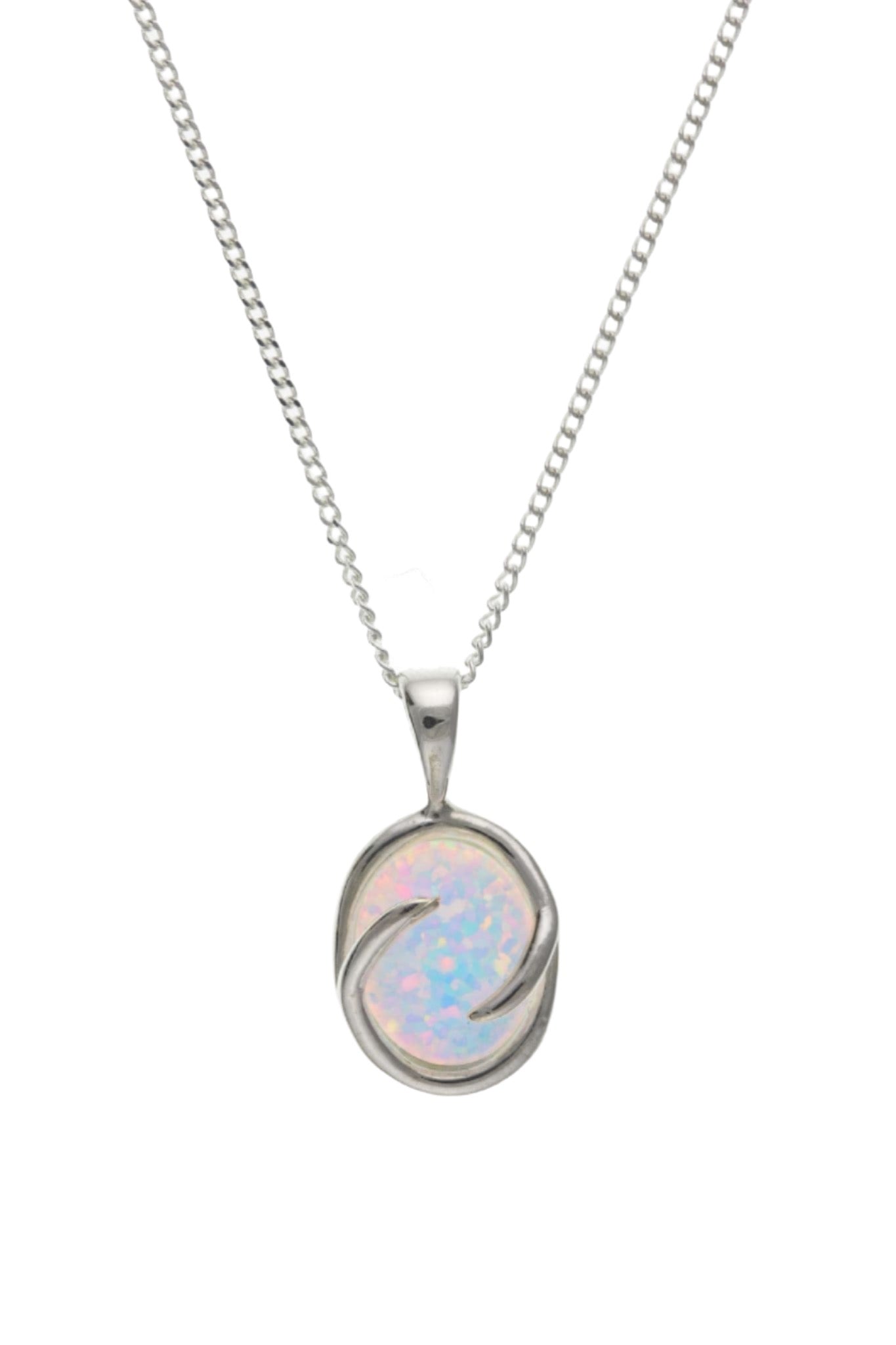 Sterling Silver Opal Oval Necklace With Swirl Edging