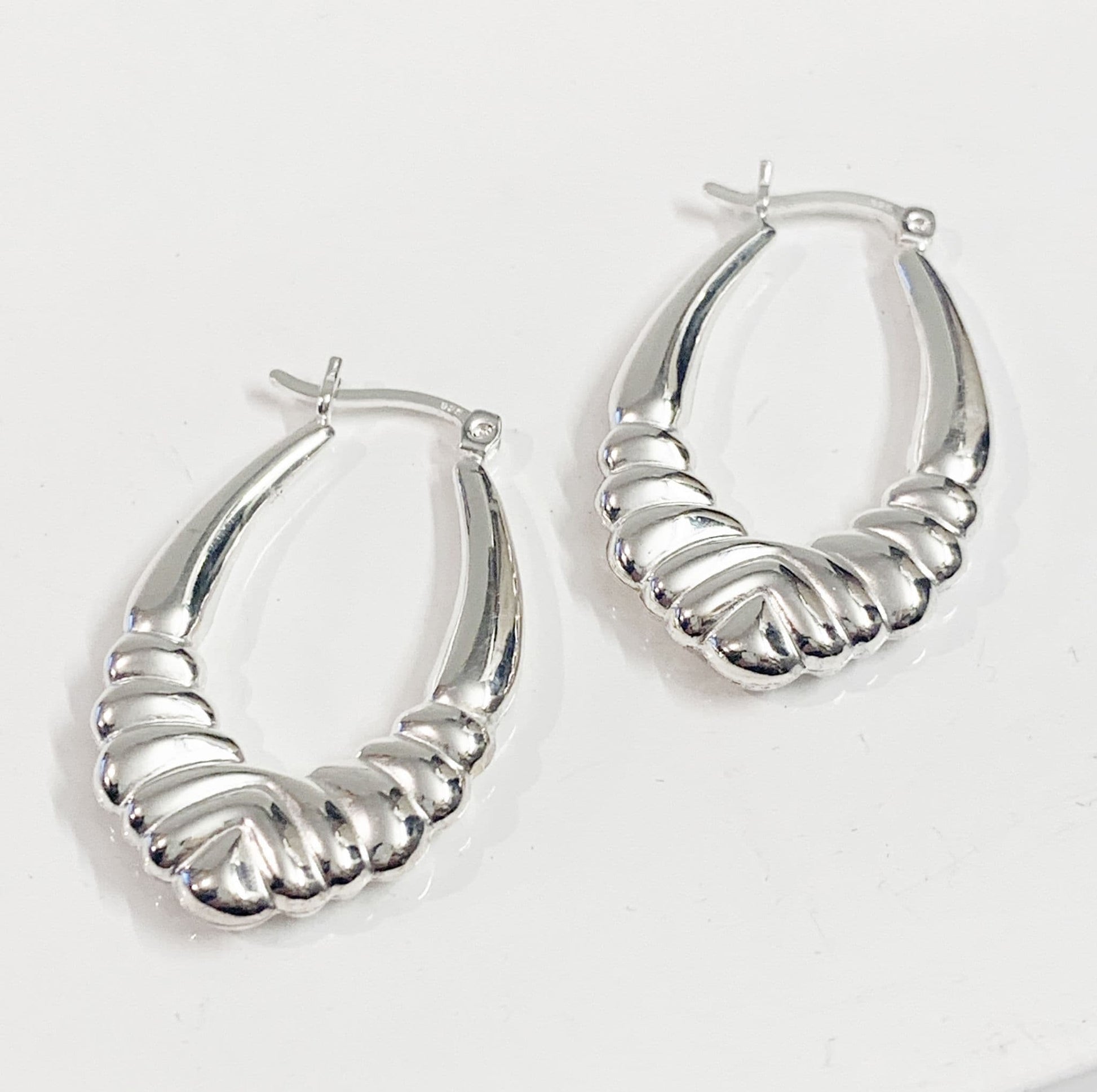 Sterling Silver Patterned Oval Hoop Creole Earrings 32 x 22 mm