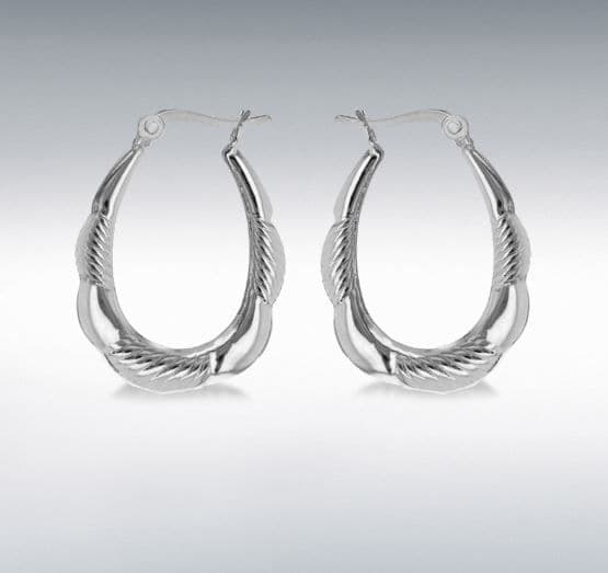 Sterling Silver Patterned Oval Hoop Creole Earrings