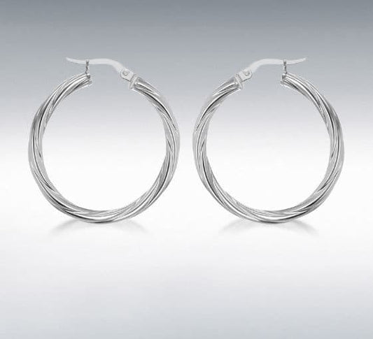 Sterling silver patterned twisted round hoop earrings 30 mm