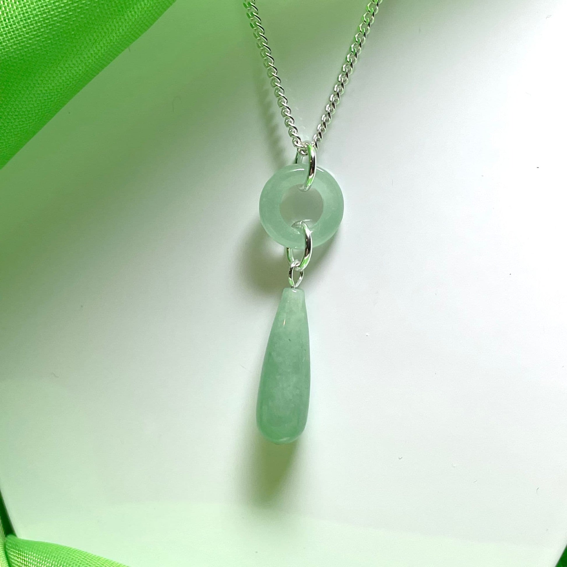 Tear Drop And Circle Silver Pear Shaped Green Jade Necklace Pendant