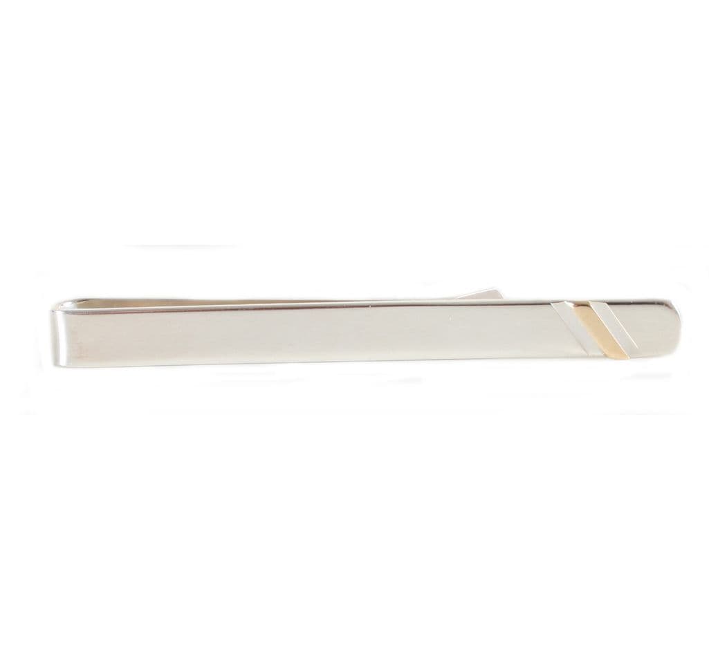 Tie bar sterling silver plain with 9 carat gold strip