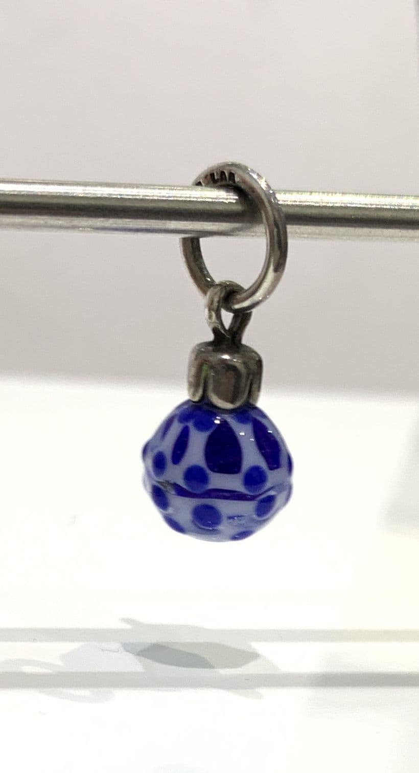 Trollbeads Blue And White Lined With Light Blue Dots Hanging Round Glass Bead