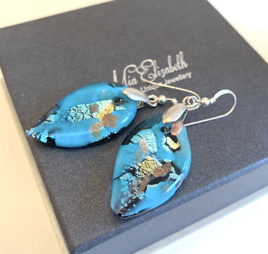 Turquoise  Blue Murano Glass Leaf Earrings
