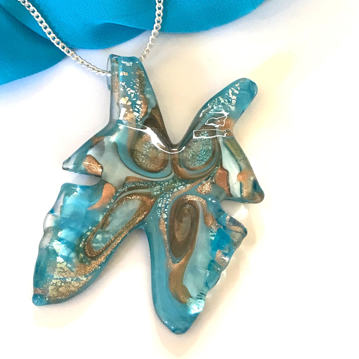 Large real Murano glass necklace blue butterfly shape pendant sterling silver