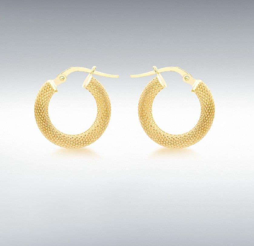 Yellow gold hoop earrings patterned frosted 15 mm