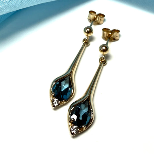 yellow gold real blue topaz drop earrings