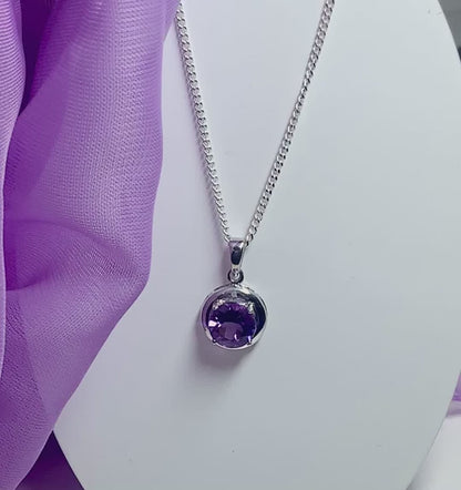 Round purple amethyst and diamond sterling silver necklace