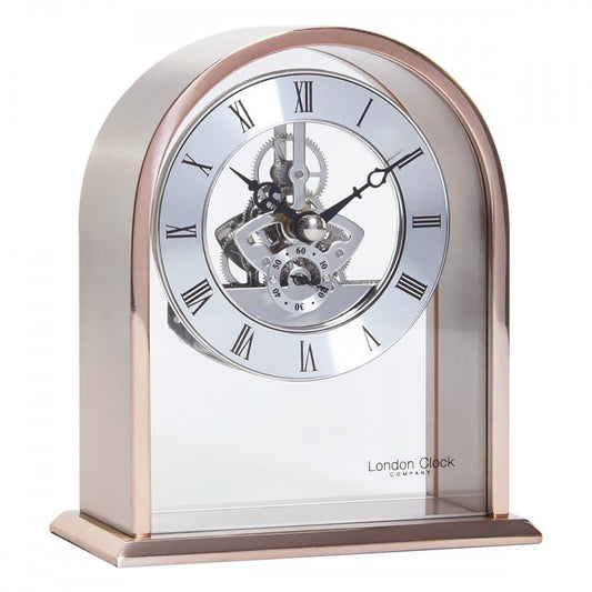 03183 Skeleton Clock Rose Gold Coloured Curved Arch Top Metal And Glass Mantle London Clock Company