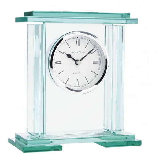 05089 Square Flat Top Glass London Clock Company Mantle Clock With Round Silver Dial