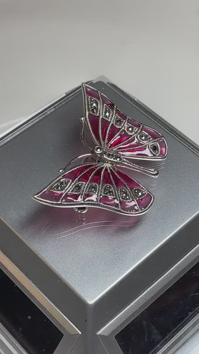 Butterfly Sterling Silver Red Pink Glass and Marcasite Brooch