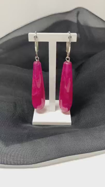 Fuchsia Jade Long Teardrop Shaped Sterling Silver Drop Earrings