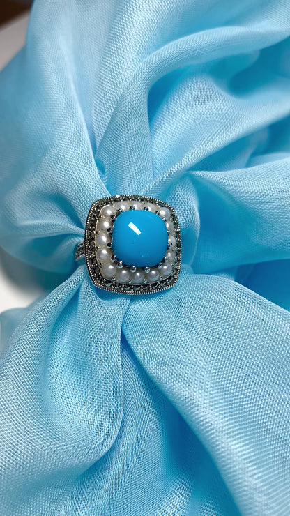 Large Blue Turquoise Sterling Silver Dress Cocktail Ring