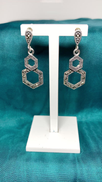 Marcasite Drop Earrings Double Hexagon Sterling Silver