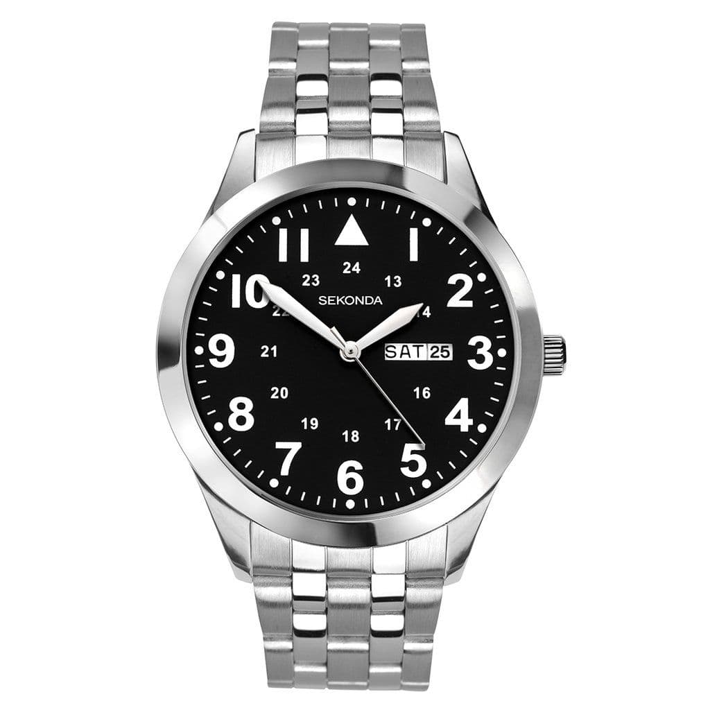 1663 Sekonda Men's Round Black Dial Stainless Steel Bracelet Watch With Day And Date Feature