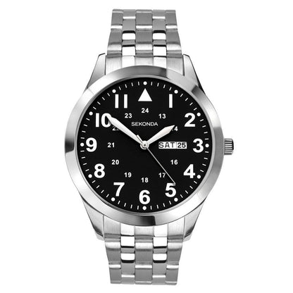 1663 Sekonda Men's Round Black Dial Stainless Steel Bracelet Watch With Day And Date Feature