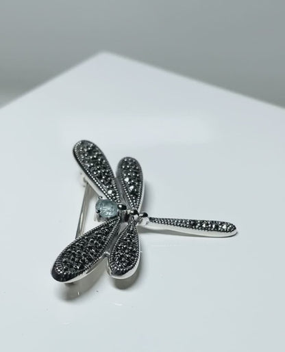 Marcasite and blue topaz dragonfly brooch sterling silver