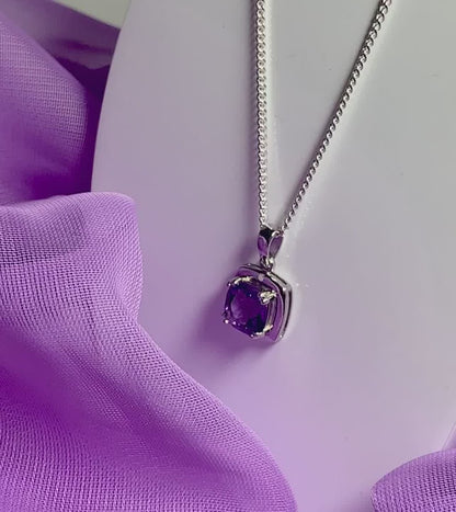 Square purple amethyst and diamond sterling silver necklace