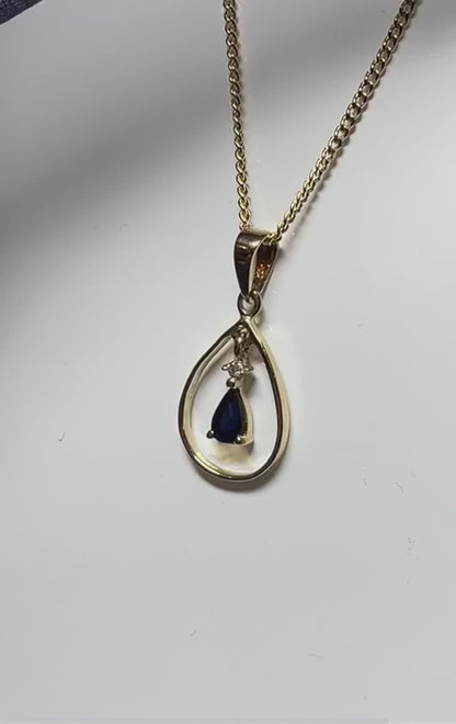 Blue Sapphire And Diamond Yellow Gold Open Pear Teardrop Necklace