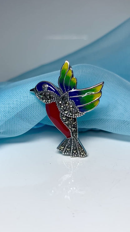 Marcasite flying hummingbird sterling silver brooch