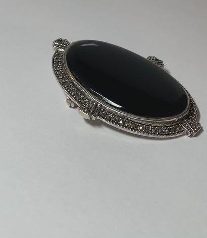 Large Black Oval Onyx And Marcasite Brooch Sterling Silver