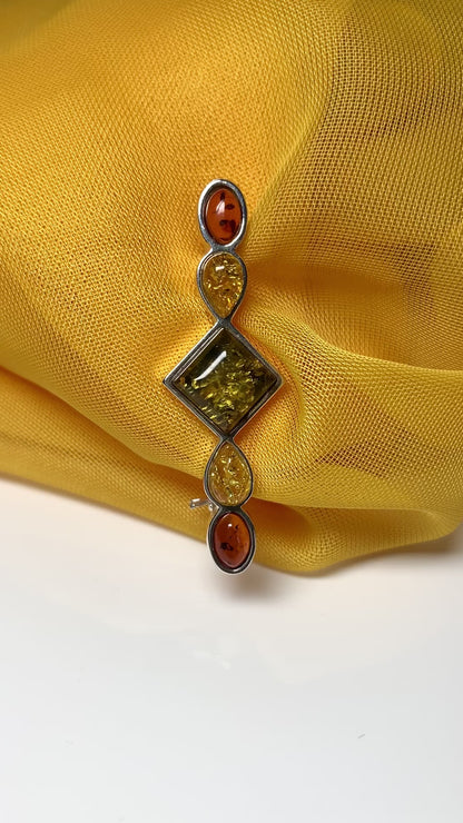 Sterling Silver Multi Coloured Amber Bar Brooch