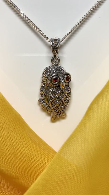 Owl Necklace Marcasite and Garnet Sterling Silver