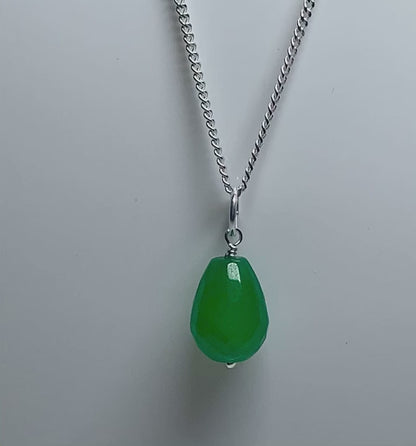 Tear Drop Silver Pear Shaped Green Jade Necklace