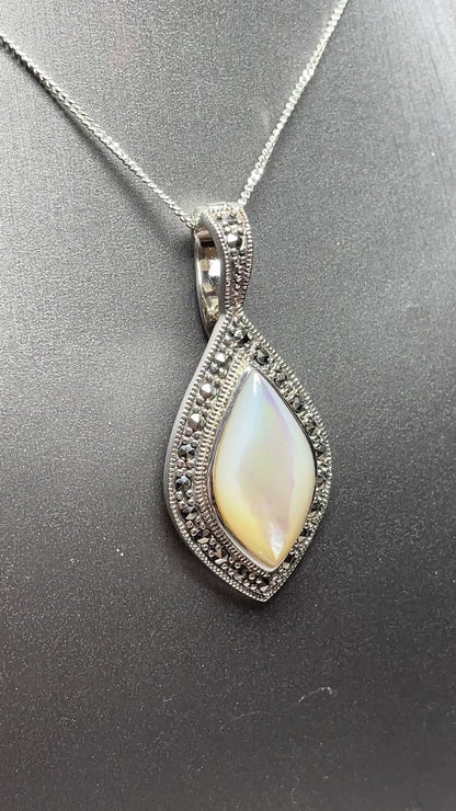 Mother Of Pearl And Marcasite Large Sterling Silver Marquise Shaped Necklace