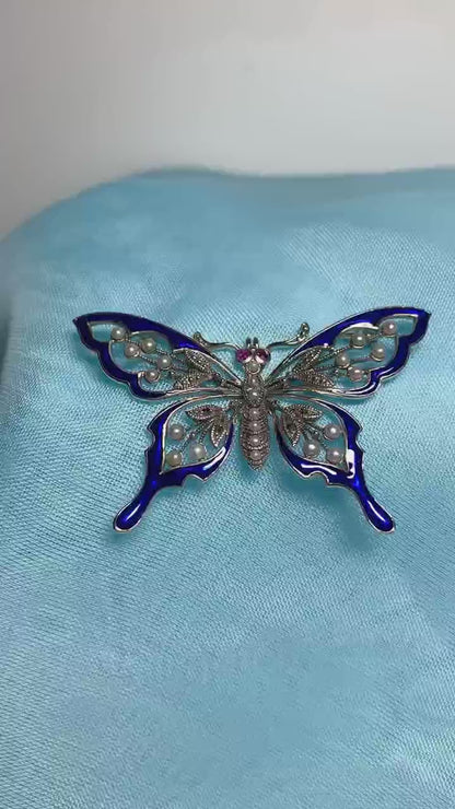 Butterfly Sterling Silver Pearl and Marcasite Brooch with Blue Enamel