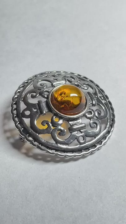 Sterling Silver Round Celtic Amber Brooch