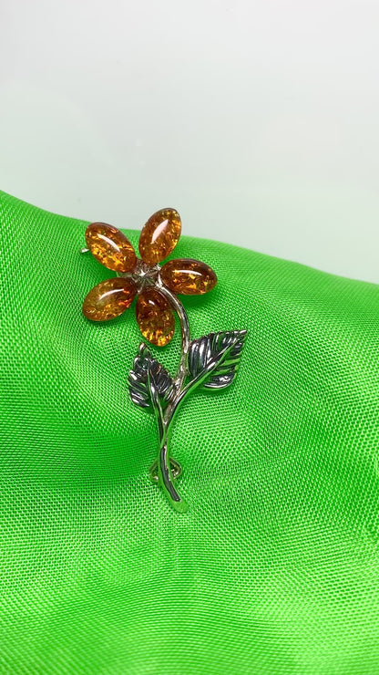 Sterling silver flower amber brooch