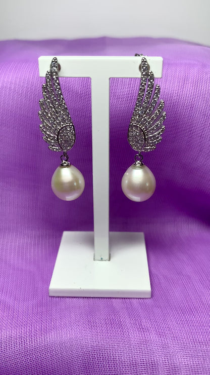 Sterling Silver Angle Wing Stud Earrings with Fresh Water Pearl and Cubic Zirconia