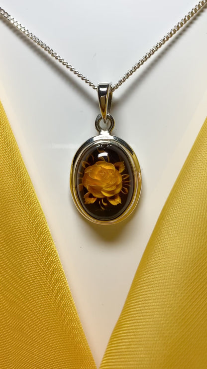 Sterling Silver Cameo Rose Oval Amber Necklace