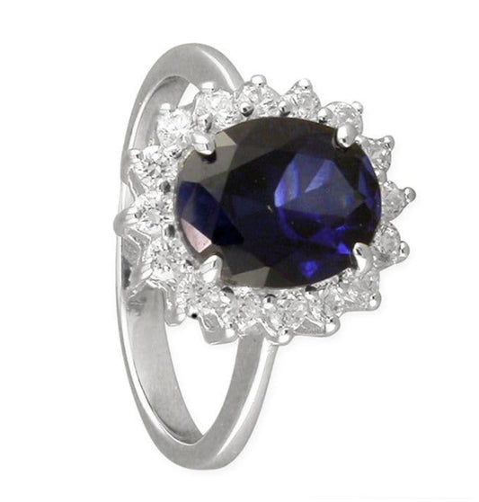 Large Dark Blue And White Cubic Zirconia Oval Cluster Dress Cocktail Ring