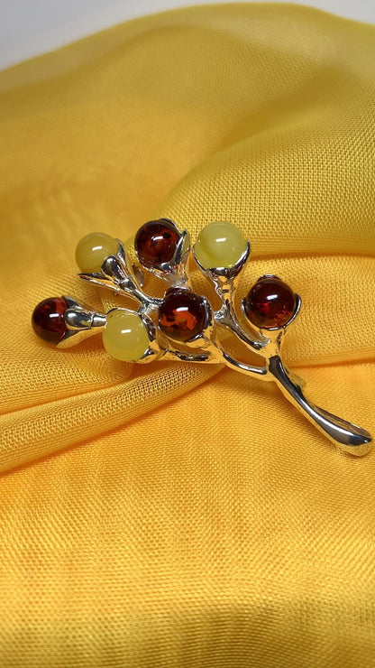 Sterling Silver Blossom Shaped Amber Brooch