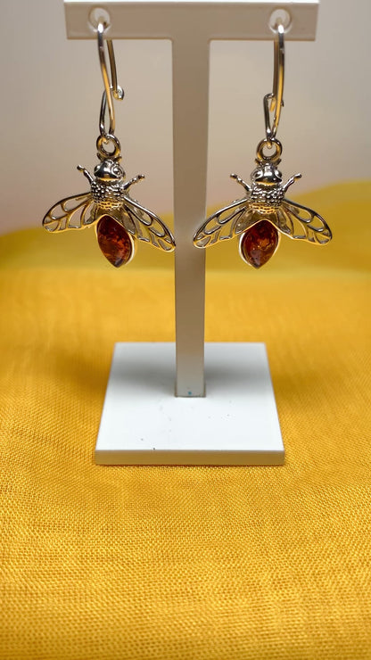 Sterling Silver Orange Amber Bumble Bee Drop Earrings