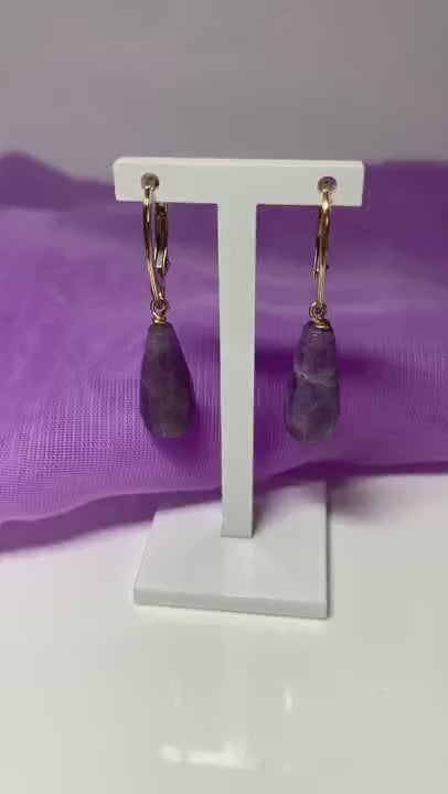 Large Amethyst Teardrop Shaped Yellow Gold Drop Earrings