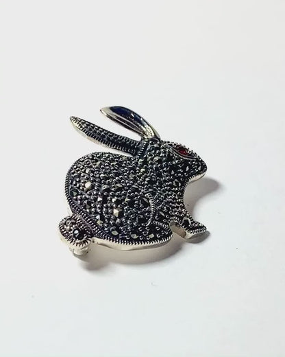 Rabbit brooch marcasite and garnet sterling silver