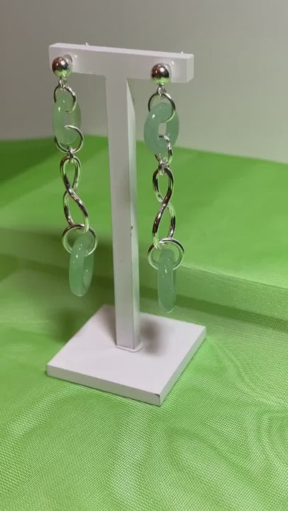 Green Jade Round Sterling Silver Double Drop Earrings