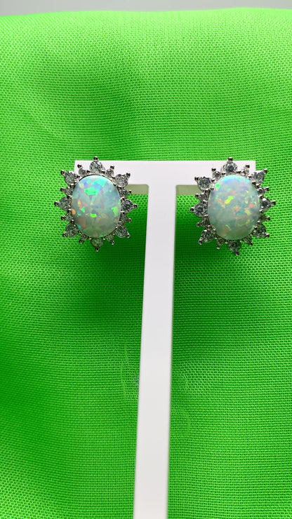 Sterling Silver Oval Opal and Cubic Zirconia Earrings