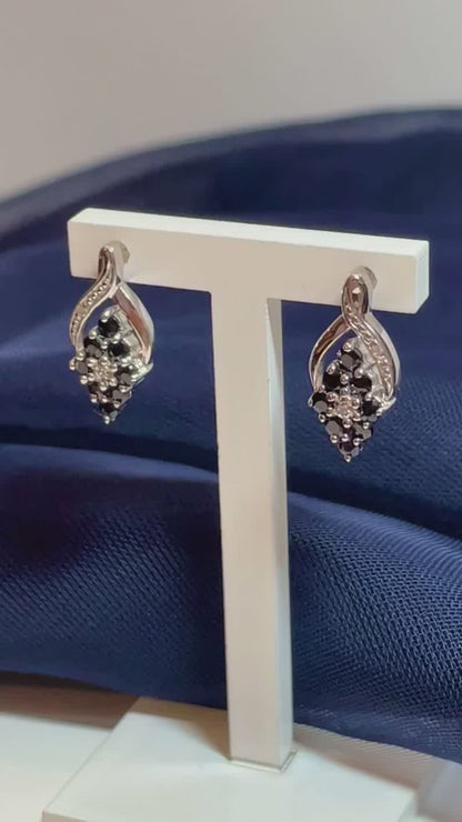 Dark Blue Sapphire And Diamond Sterling Silver Earrings