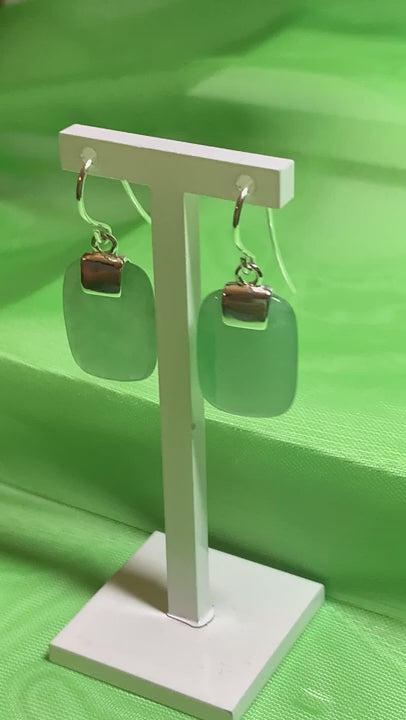 Green Jade Silver Cushion Shaped Drop Earrings