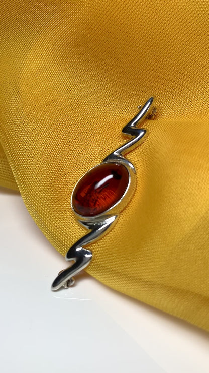 Sterling silver zig zag oval real amber bar brooch