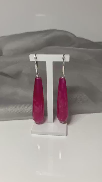 Fuchsia Jade Long Teardrop Shaped Sterling Silver Drop Earrings