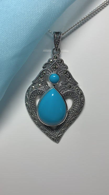 Fancy Real Turquoise Drop Sterling Silver Necklace