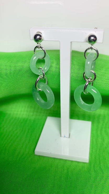 Round Sterling Silver Jade Double Circle Drop Earrings